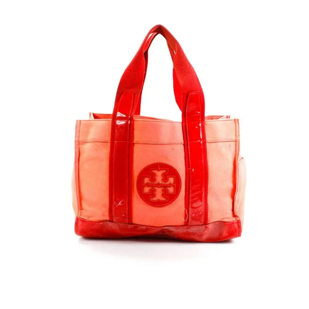 Tory Burch Women's Patent Leather Trim Top Handle Canvas Tote Bag Red Size M